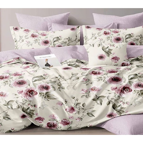 Светло-кремовый поплин с бордовыми цветами и бледно-фиолетовым компаньоном