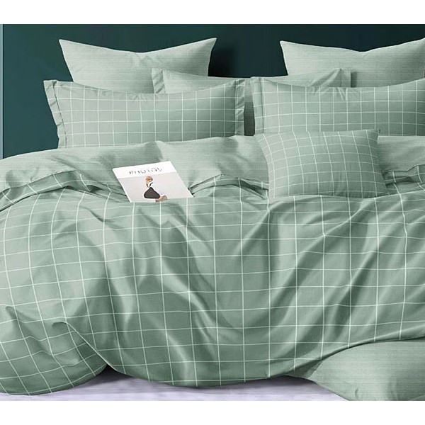 Однотонно-зеленый поплин в тонкую белую клетку и компаньоном в продольную полоску