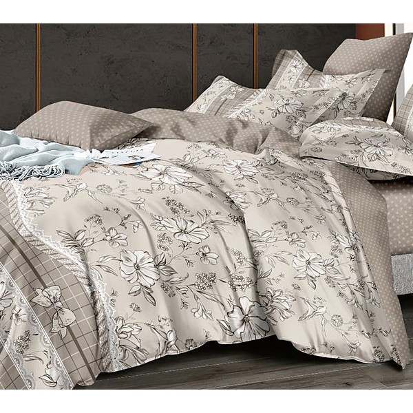 Бежево-кофейный поплин с цветами и светло-коричневыйм компаньоном в горошек