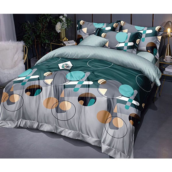 Серо-зеленый поплин с разноцветной абстракцией со светло-зеленым компаньоном