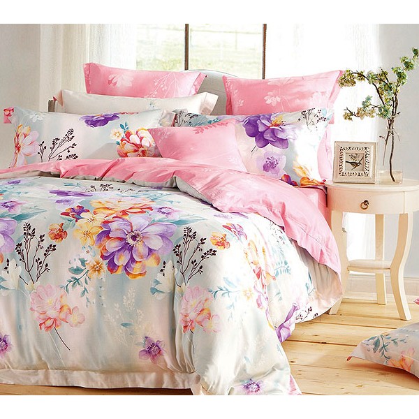 Постельное белье ткань мако-сатин нежно-голубоватый с розовым компаньоном