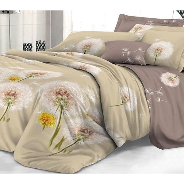 Бледно-песочный твил-сатин Май с белыми одуванчиками и коричневым компаньоном