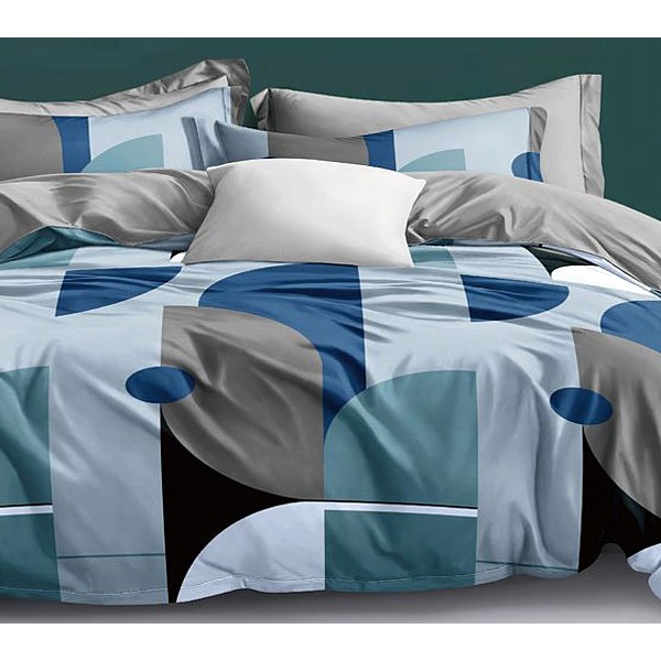 Голубой поплин с разноцветной абстракцией и однотонно-серым компаньоном