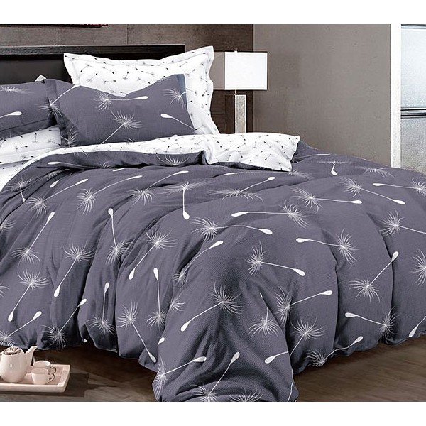 Серый поплин с белыми парящими одуванчиками и белым компаньоном