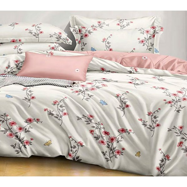 Молочный поплин с красно-розовыми цветочками и однотонно-розовым компаньоном