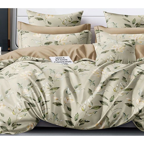 Бледно-зеленый поплин с зелеными листьями и бежевым компаньоном