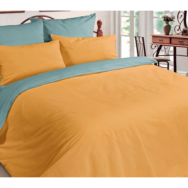 Постельное белье ткань мако-сатин однотонный светло-оранжевый и сине-зелёный