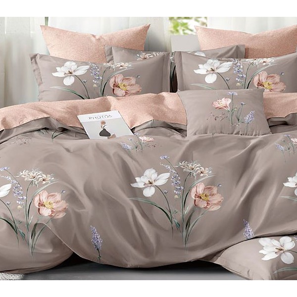 Светло-коричневый поплин с бело-розовыми цветами и красно-розовым компаньоном