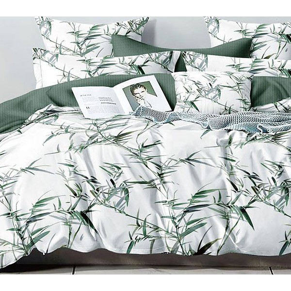 Белый поплин с зелеными листьями бамбука и темно-зеленым компаньоном