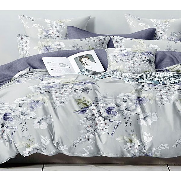 Светло-серый поплин с бело-фиолетовыми цветами и темно-фиолетовым компаньоном