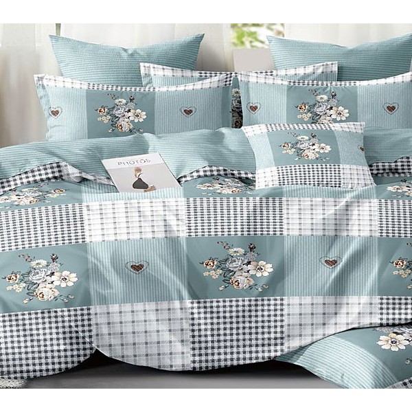 Сине-зеленый поплин с черно-белыми полосами и цветами и сине-зеленым компаньоном