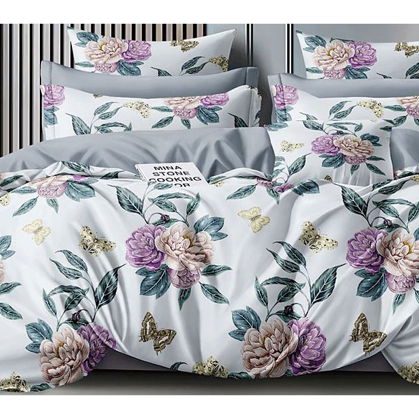 Белый поплин с фиолетово-бежевыми цветами с серым компаньоном