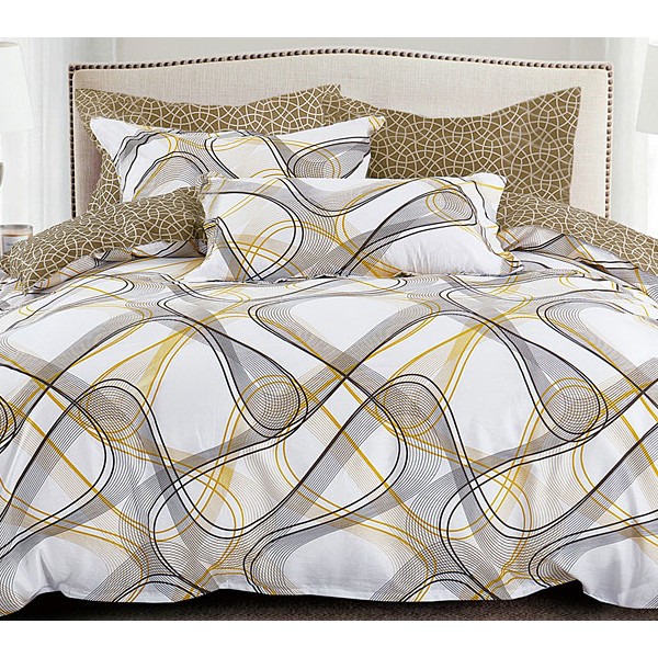 Белый сатин с желто-черно абстракцией и желто-коричневым компаньоном