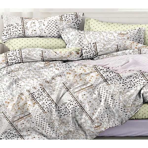 Белый поплин с рисунками пэтч-ворк разных цветов и светло-зеленым компаньоном