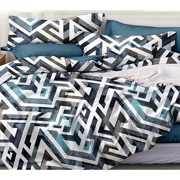 Белый поплин с разноцветной геометрической абстракцией и сине-зеленым компаньоном