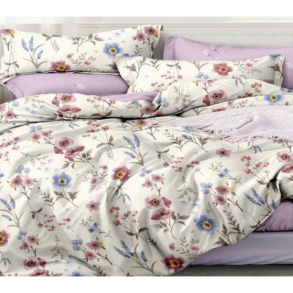 Светло-кремовый поплин с красно-синими цветами и светло-пурпурным компаньоном