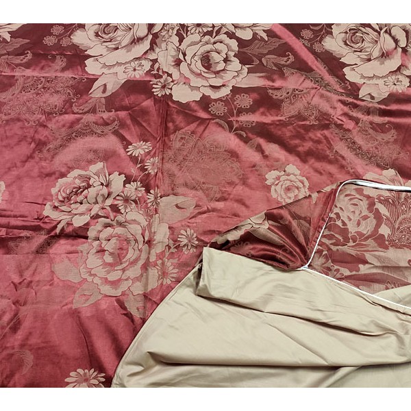 Пододеяльник 172x205 красный атлас с бежевыми цветами и однотонно-бежевым сатином