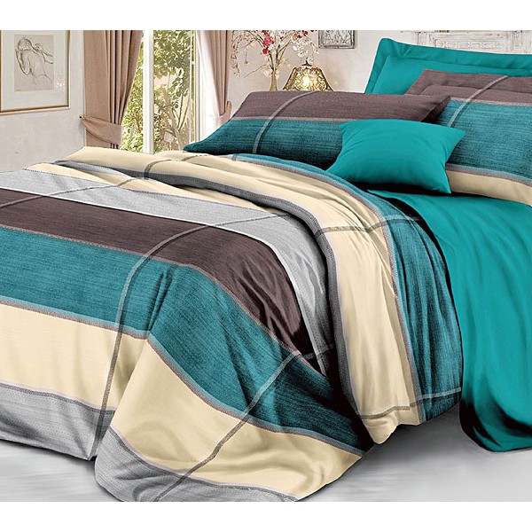 Разноцветные широкие полосы поплина с однотонно-зеленым компаньоном