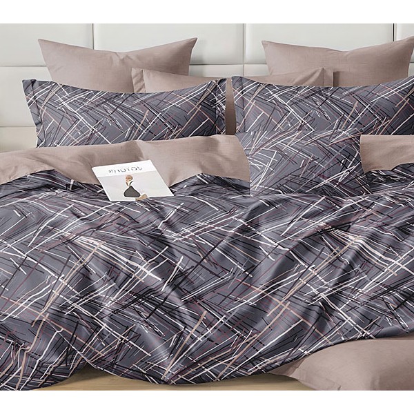 Темно-серый поплин с абстракцией разноцветных полосок и коричневым компаньоном