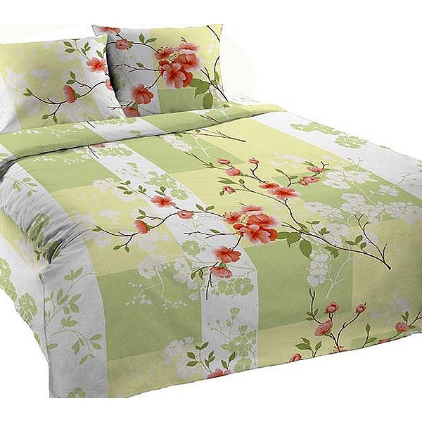 Постельное белье из бело-зеленой Шуйской бязи с розовыми цветами