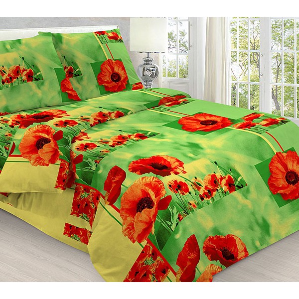 Простыни из зеленой бязи с красными цветами мака