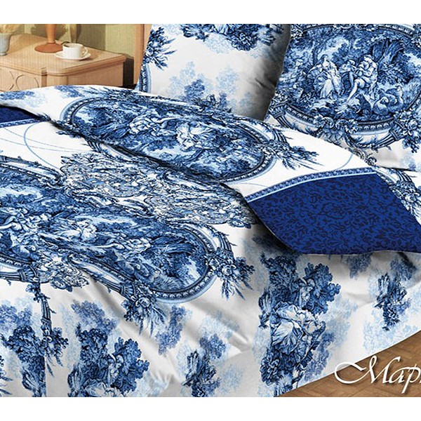 Белая бязь Маркиза с синими рисунками