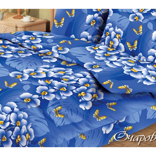 Постельное бельё из синей бязи Очарование с белыми цветами
