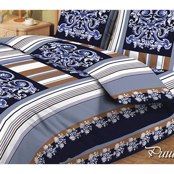 Бело-серая бязь Ришелье с бело-синими рисунками