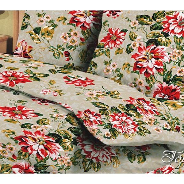 Постельное белье из бледно-зеленой бязи серии Гобелен с красными цветами