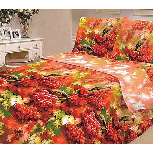 Красно-оранжевая бязь с гроздьями рябины