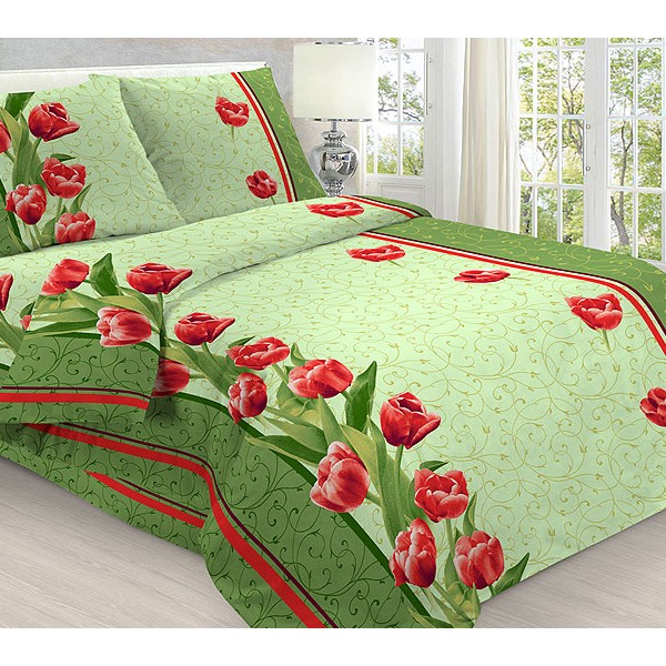 Пододеяльники из бледно-зеленой бязи с красными тюльпанами