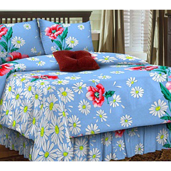 Простыни из голубой бязи с ромашками и красными цветами