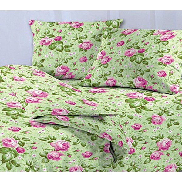 Детский КПБ из светло-зеленой бязи с розовыми цветами