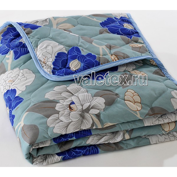 Одеяло серии Весна легкофайбер стёганный полиэстер серо-голубое с цветами Валетекс DSC_3713
