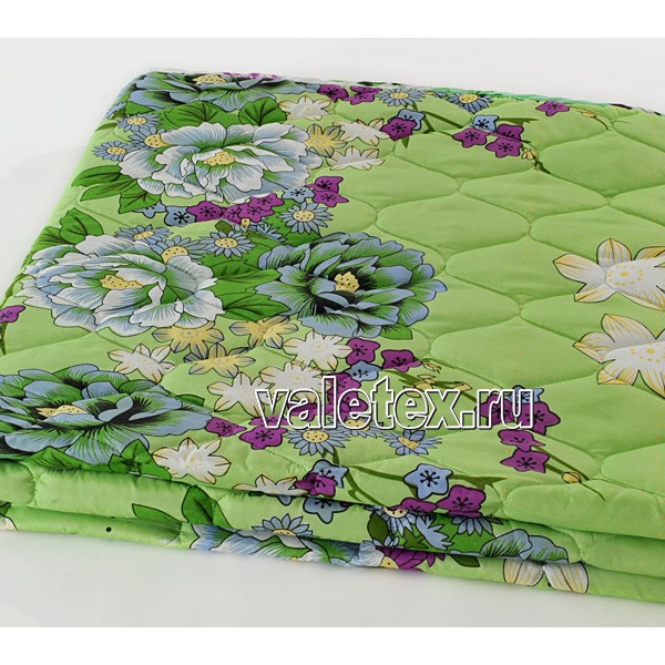 Одеяло серии Весна легкофайбер стёганный полиэстер с окантовкой светло-зелёный с цветами Валетекс DSC_3809