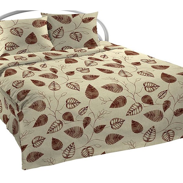 Постельное белье из зеленовато-бежевой шуйской бязи с коричневыми листьями