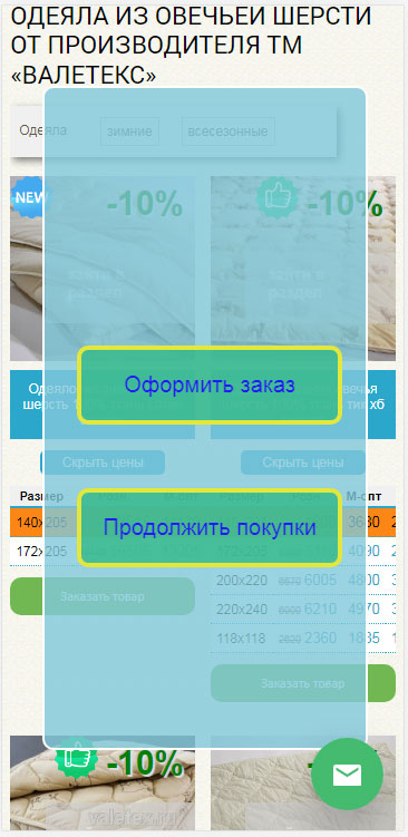 Скрин меню промежуточных действий Оформить заказ или продолжить покупки