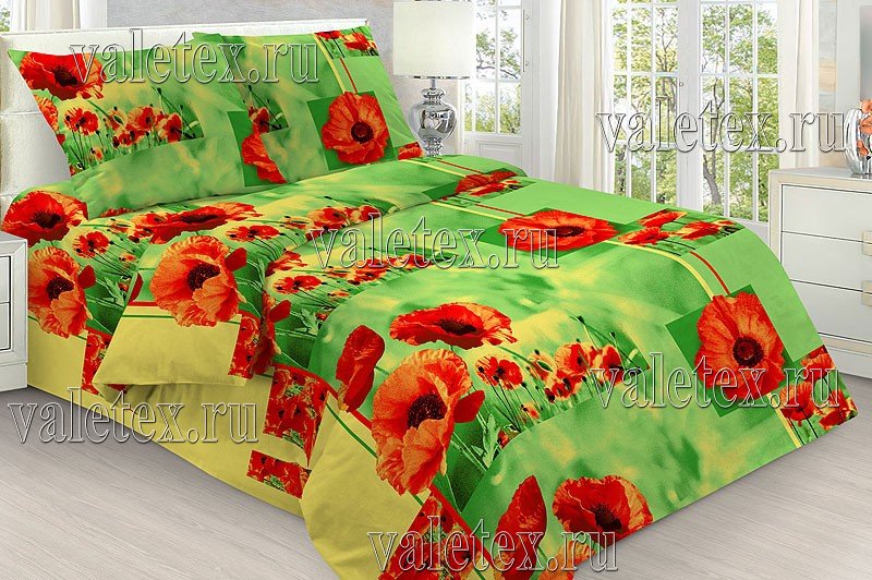 Постельное белье из зеленой бязи с красными маками плотностью 120 грамм/м2